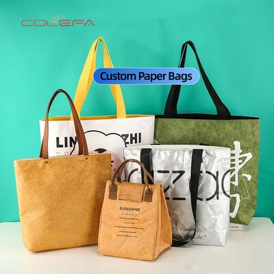 DuPont Paper Bag with Silver Colored with Custom-Printed Logo Side-Handled Tote Bag No Bottom Large Capacity Carry Paper Bag