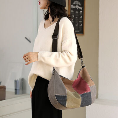 New Vintage Patchwork Tote Bag 2026 Fashion Crossbody Shoulder Bags for Women Large Capacity Canvas Contrast-Color Tote Bag