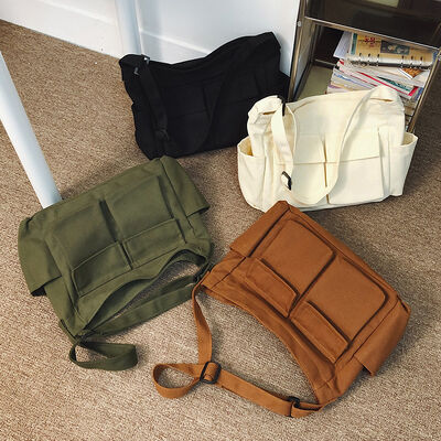 Customizable Large-Capacity Multi-Pocket Canvas Tote Bag for Men and Women Versatile Street Style Tote Bag Simple Casual Travel