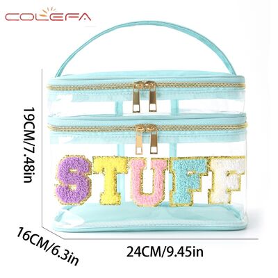 Embroidered Alphabet Storage Pouch PVC Transparent Double-Layer Makeup Bag Travel Toiletry Large Capacity Cosmetic Case