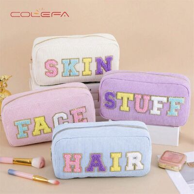 Customizable Embroidered Letter Storage Pouch Corduroy Made Cosmetic Bag Portable Toiletry Large Capacity Makeup Bags