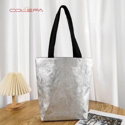 DuPont Paper Bag with Silver Colored with Custom-Printed Logo Side-Handled Tote Bag No Bottom Large Capacity Carry Paper Bag