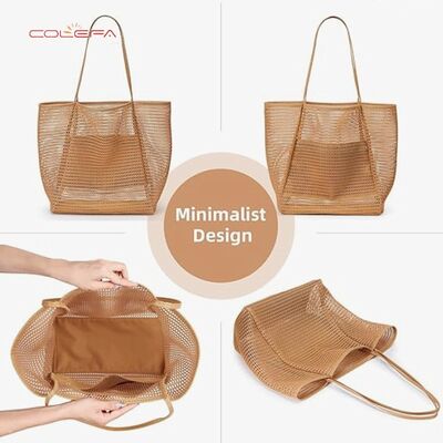 Foldable Beach Nylon Mesh Tote Women's Shoulder Bag Summer Outdoor Travel Essential Recreational crochet bag with Custom Color