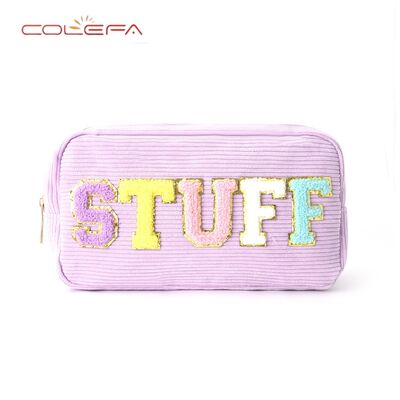 Customizable Embroidered Letter Storage Pouch Corduroy Made Cosmetic Bag Portable Toiletry Large Capacity Makeup Bags