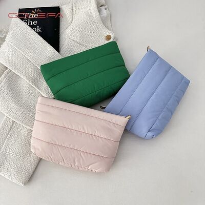 2026 Solid-Color Minimalist Nylon+Cotton-Filled Small Square Cosmetic Bag New Korean Style Fashionable Casual Bag Stylish Commuting Clutch